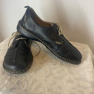 Josef Seibel Black Leather Loafers with Tan Stitching